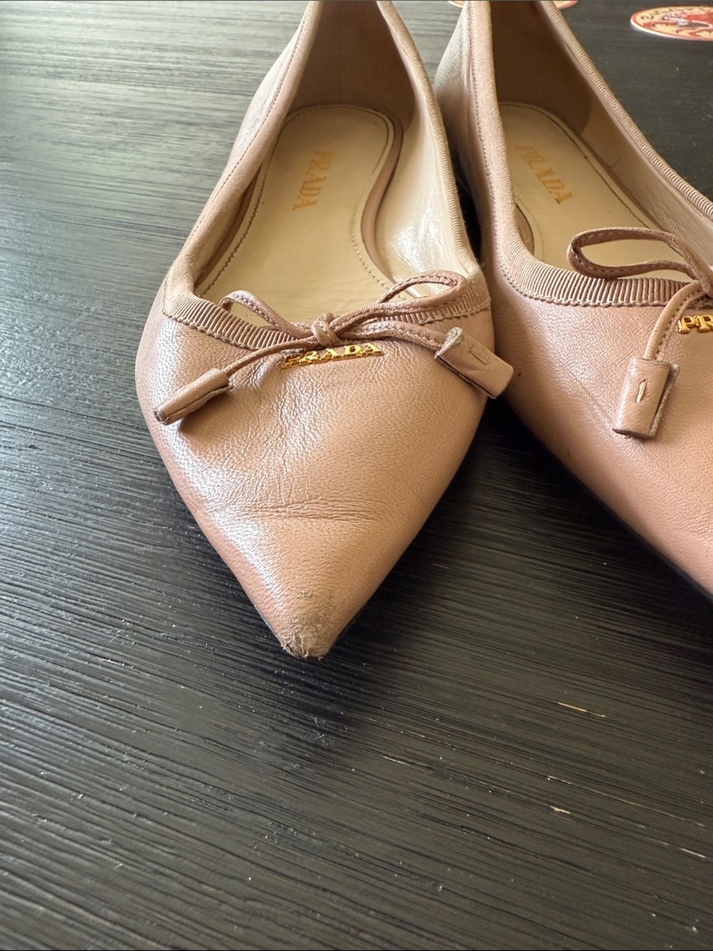 Prada Nude Pink Pointed-Toe Leather Ballet Flats with Bow Accent - Picture 2 of 11